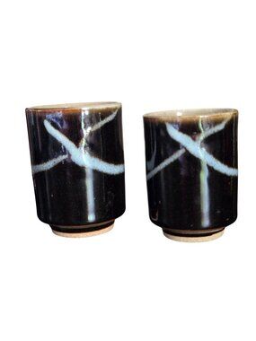 Japanese Mashiko Ware Pottery Mid Century Stoneware Tea Cups Set of 2